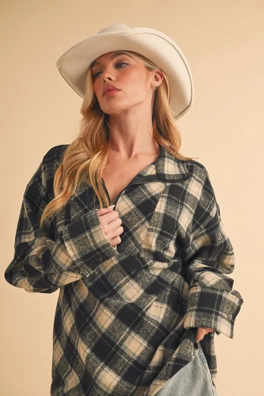 Hazel Blues® |  Aemi   Co Slit Plaid Half Zip Drop Shoulder Top