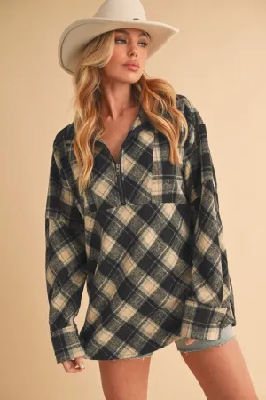Hazel Blues® |  Aemi   Co Slit Plaid Half Zip Drop Shoulder Top