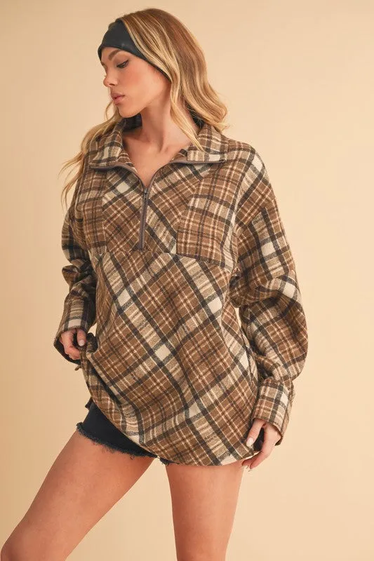 Hazel Blues® |  Aemi   Co Slit Plaid Half Zip Drop Shoulder Top