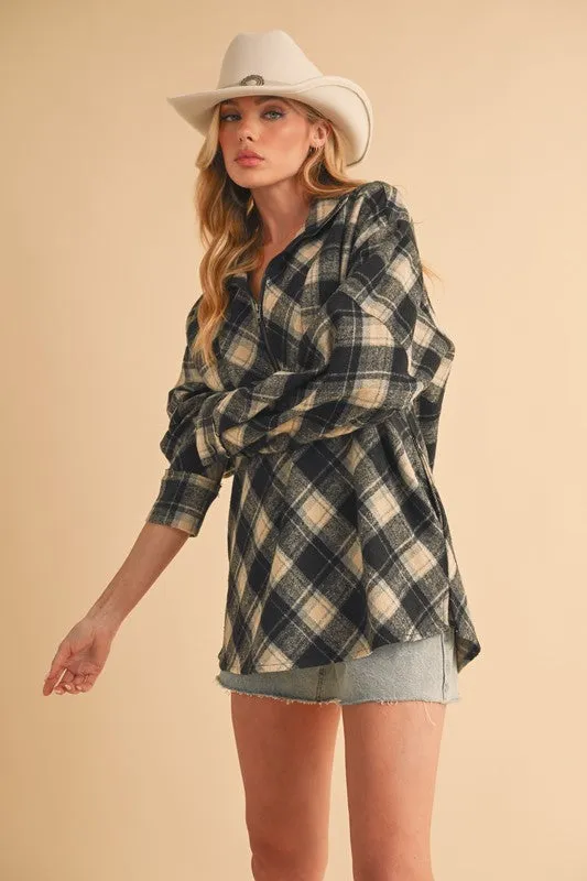 Hazel Blues® |  Aemi   Co Slit Plaid Half Zip Drop Shoulder Top