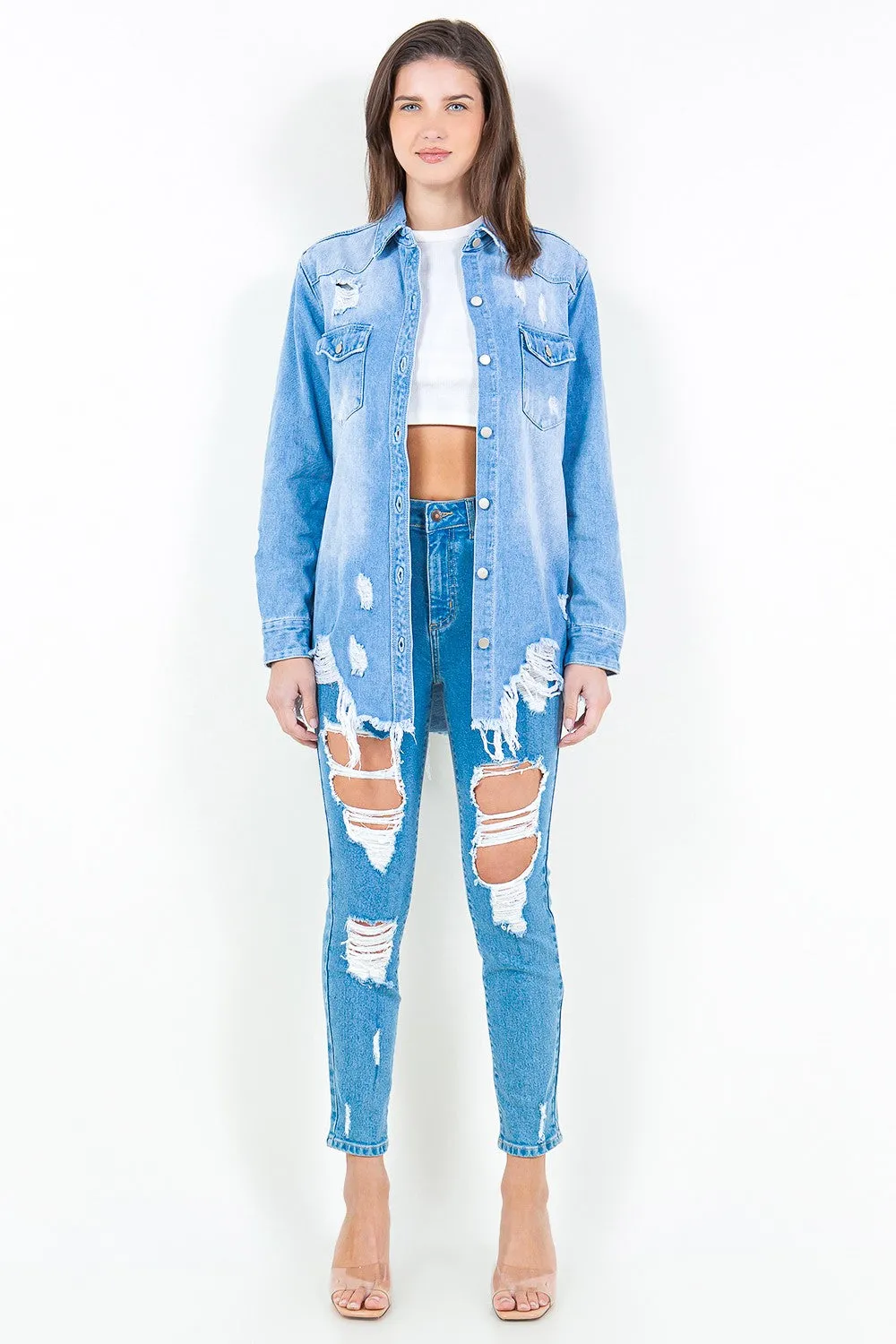 Hazel Blues® |  American Bazi Frayed Hem Distressed Denim Shirt Jacket