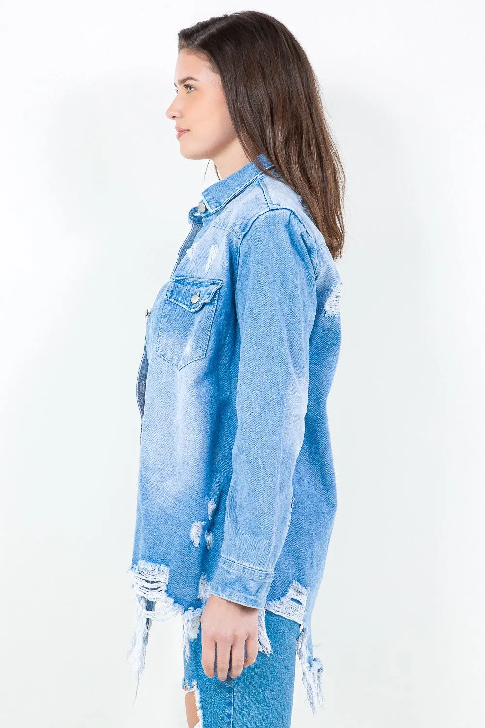 Hazel Blues® |  American Bazi Frayed Hem Distressed Denim Shirt Jacket