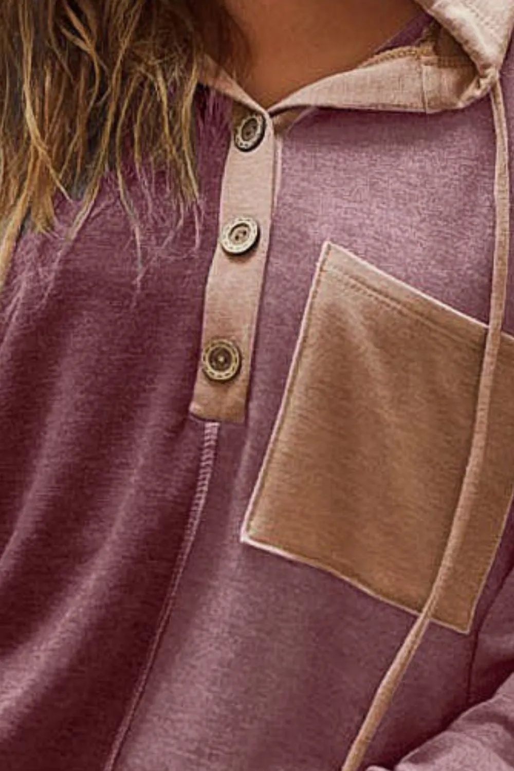 Hazel Blues® |  BiBi French Terry Color Block Button Detail Drawstring Hoodie