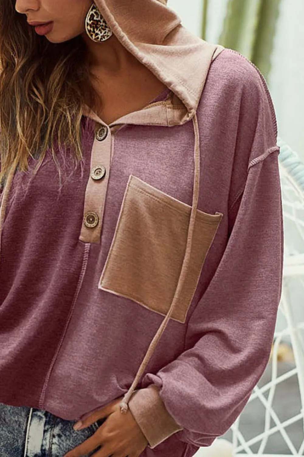 Hazel Blues® |  BiBi French Terry Color Block Button Detail Drawstring Hoodie