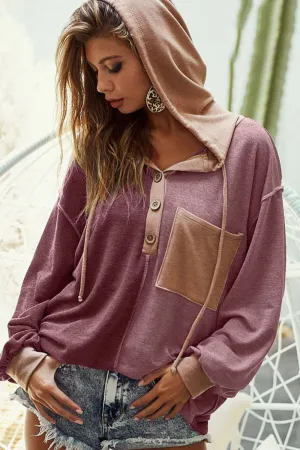 Hazel Blues® |  BiBi French Terry Color Block Button Detail Drawstring Hoodie
