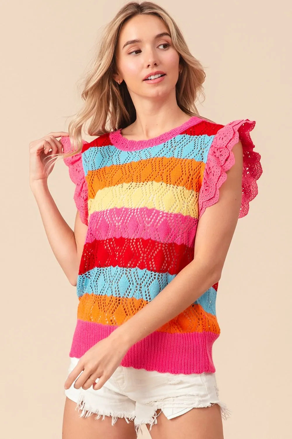 Hazel Blues® |  BiBi Pointelle Striped Ruffled Knit Top