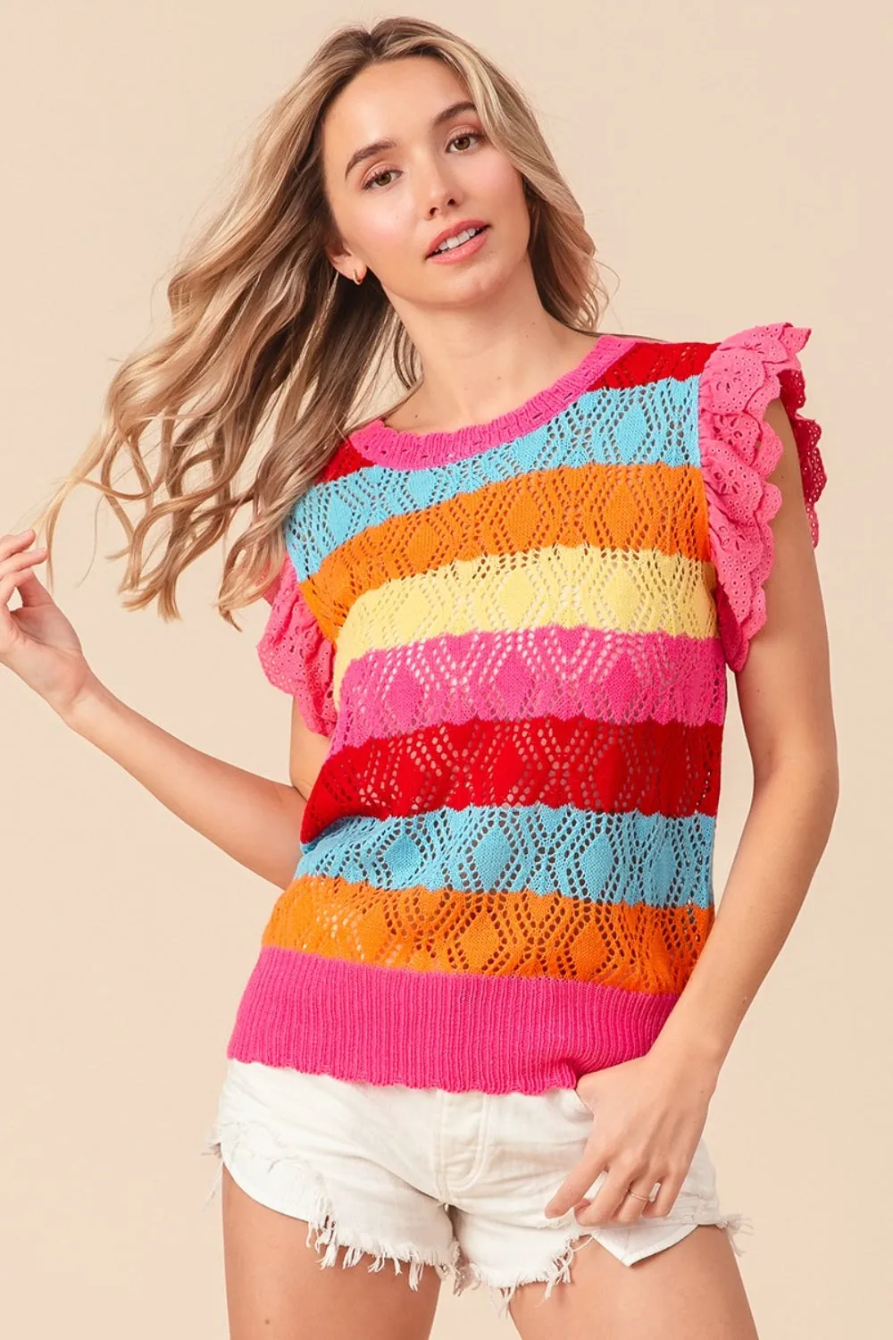 Hazel Blues® |  BiBi Pointelle Striped Ruffled Knit Top
