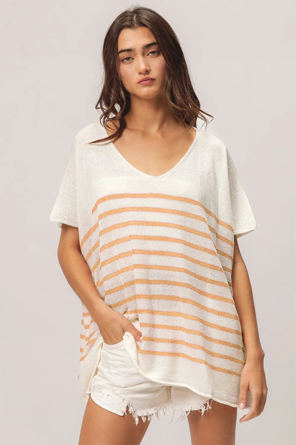 Hazel Blues® |  BiBi V Neck Striped Short Sleeve Top