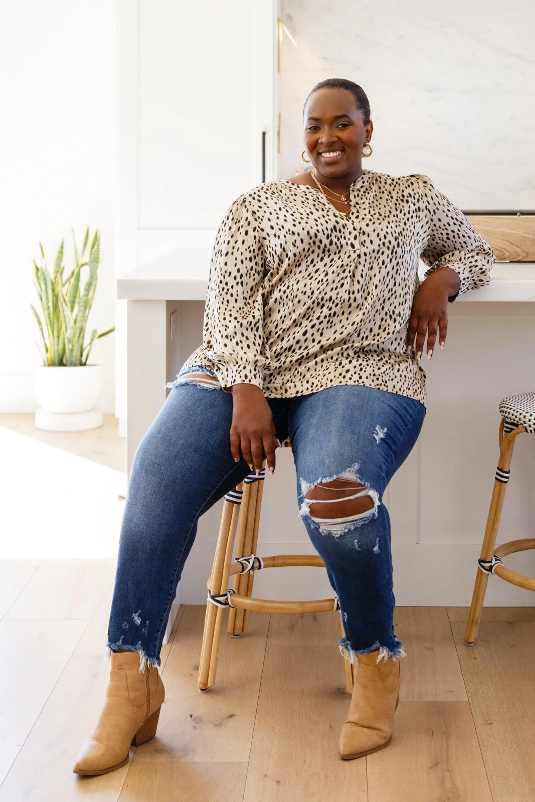 Hazel Blues® | Countless Memories Split Neckline Dot Print Top