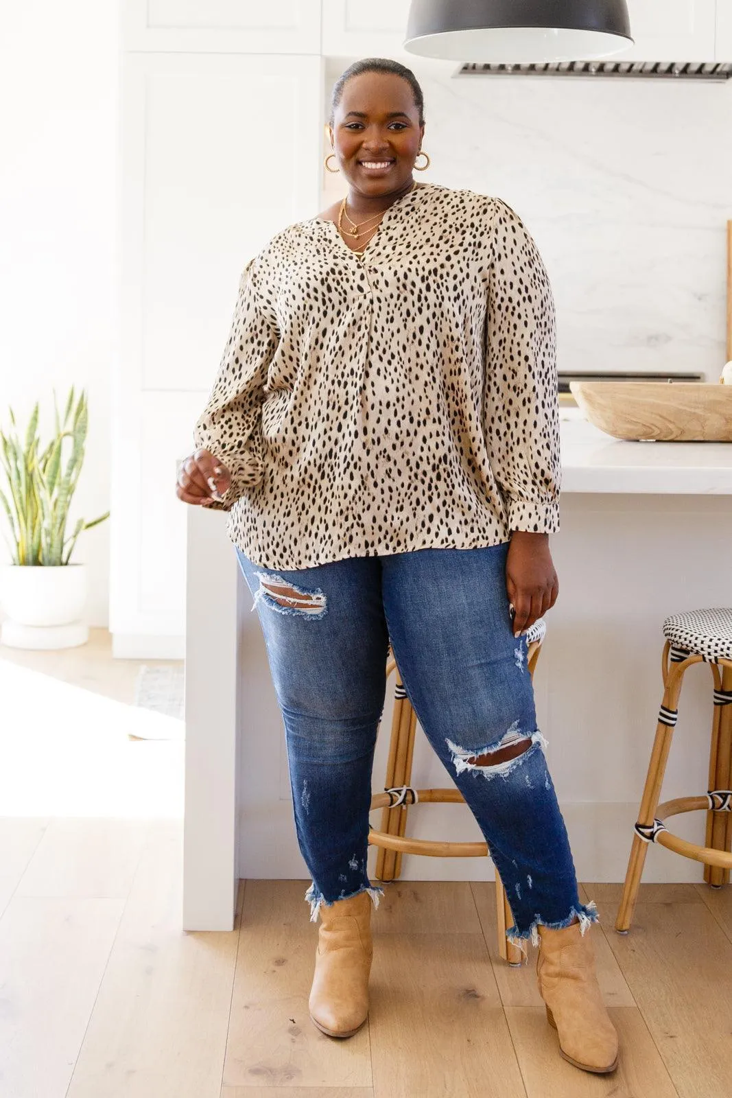 Hazel Blues® | Countless Memories Split Neckline Dot Print Top