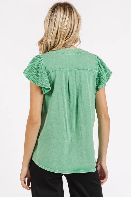 Hazel Blues® |  Mittoshop Mix Media Ruffle Short Sleeve Mineral Wash Top