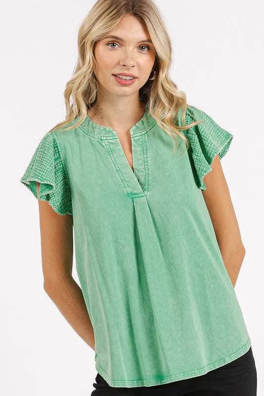 Hazel Blues® |  Mittoshop Mix Media Ruffle Short Sleeve Mineral Wash Top