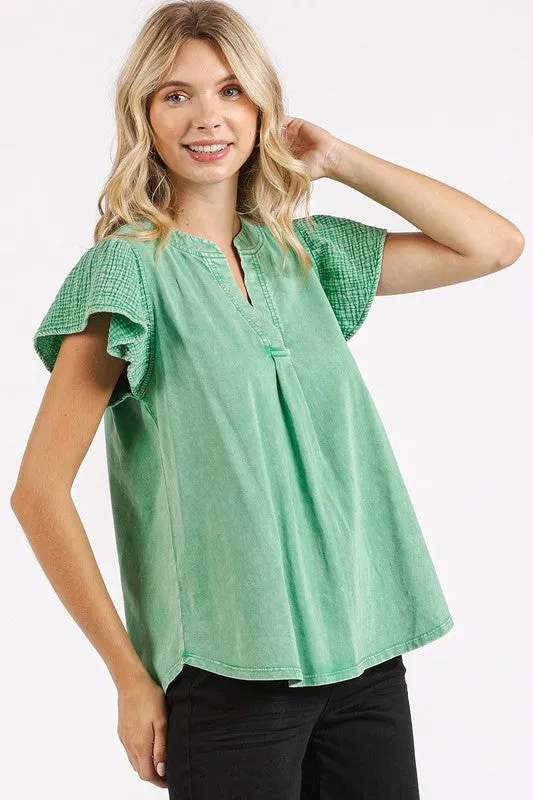 Hazel Blues® |  Mittoshop Mix Media Ruffle Short Sleeve Mineral Wash Top