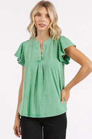 Hazel Blues® |  Mittoshop Mix Media Ruffle Short Sleeve Mineral Wash Top