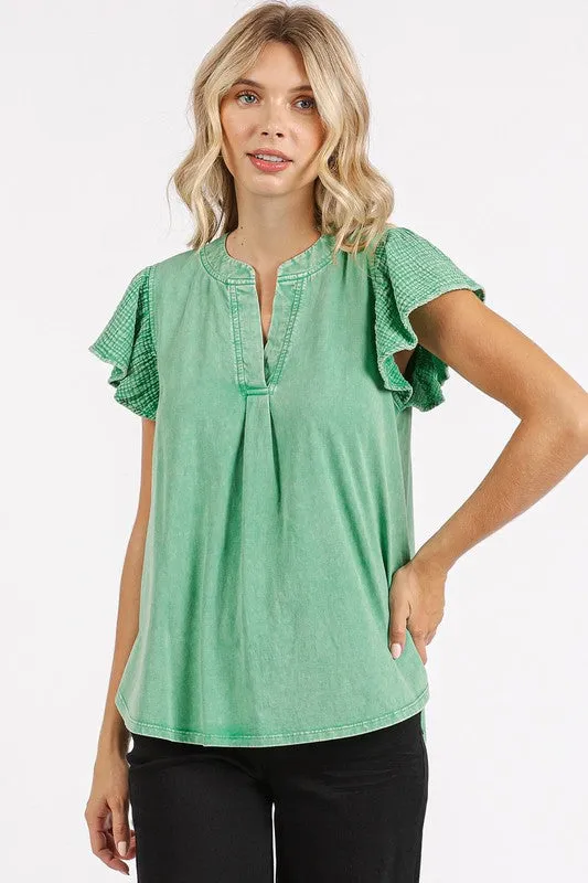 Hazel Blues® |  Mittoshop Mix Media Ruffle Short Sleeve Mineral Wash Top