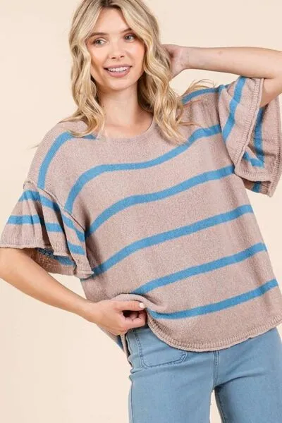 Hazel Blues® |  Mittoshop Striped Flounce Sleeve Knit Top