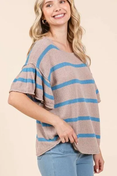 Hazel Blues® |  Mittoshop Striped Flounce Sleeve Knit Top