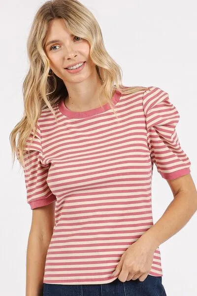 Hazel Blues® |  Mittoshop Striped Round Neck Puff Sleeve T-Shirt