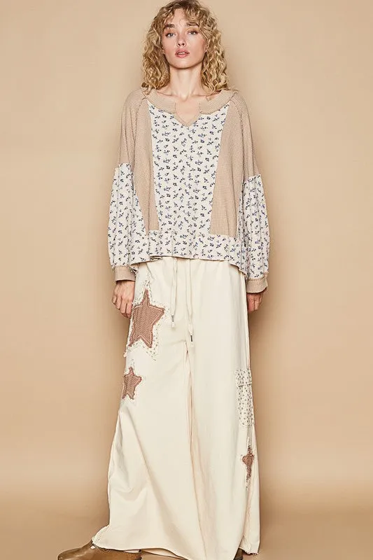 Hazel Blues® |  POL Waffle Knit Floral Notched Long Sleeve Top