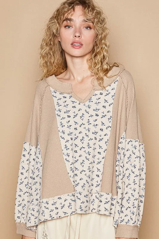 Hazel Blues® |  POL Waffle Knit Floral Notched Long Sleeve Top