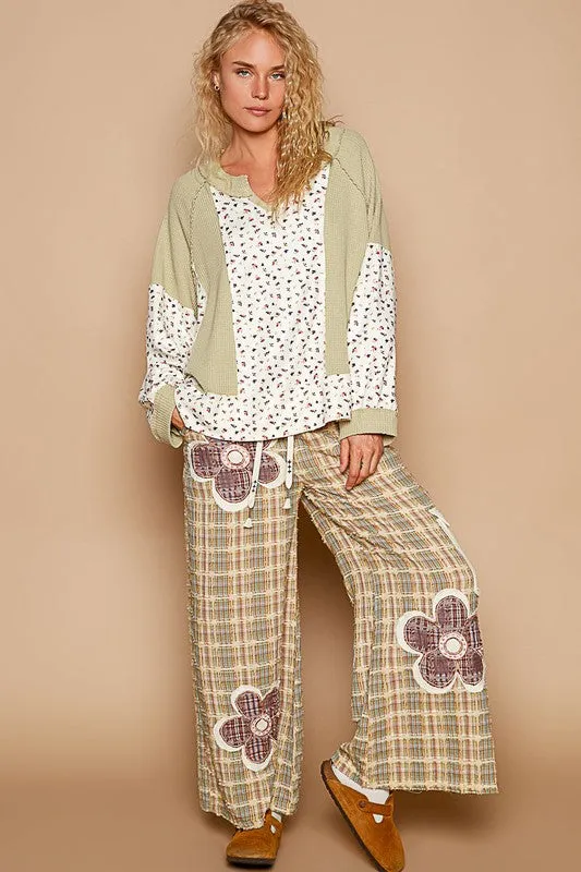 Hazel Blues® |  POL Waffle Knit Floral Notched Long Sleeve Top