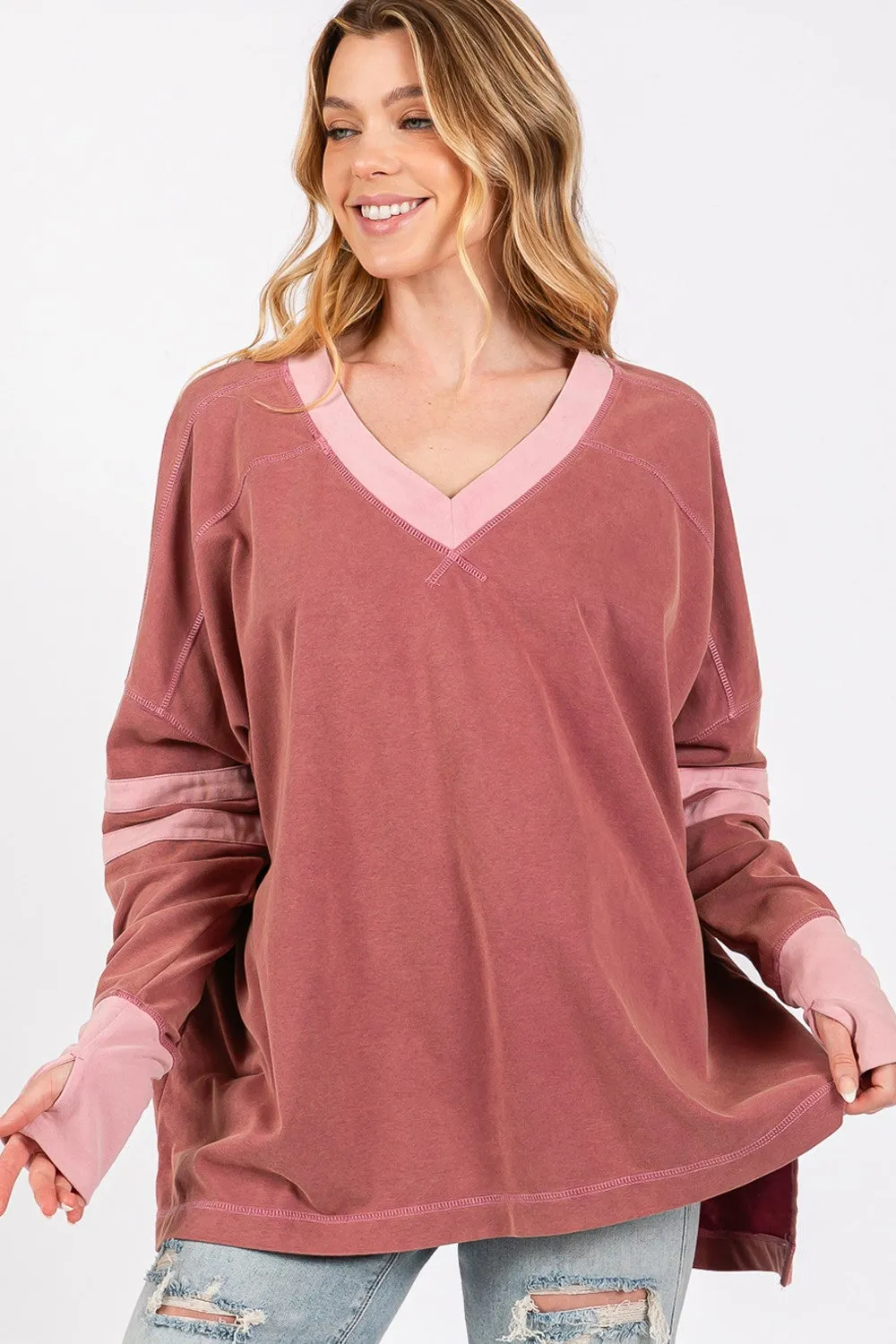 Hazel Blues® |  SAGE   FIG Mineral Wash Side Slit Contrast T-Shirt