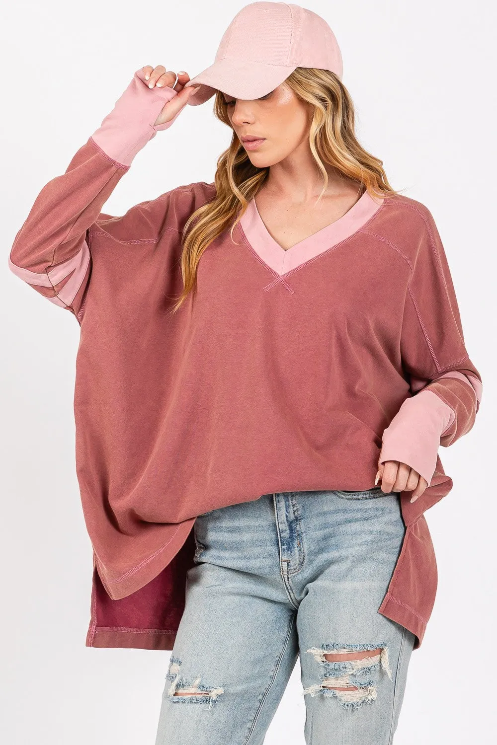 Hazel Blues® |  SAGE   FIG Mineral Wash Side Slit Contrast T-Shirt