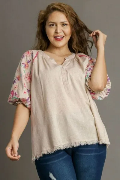 Hazel Blues® | Umgee Half Button Top with Embroidery Sleeves