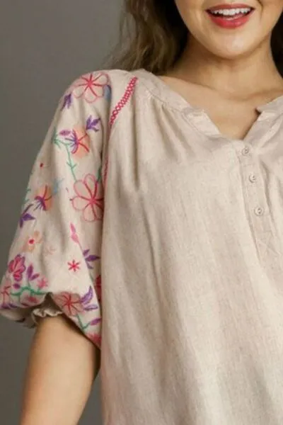 Hazel Blues® | Umgee Half Button Top with Embroidery Sleeves