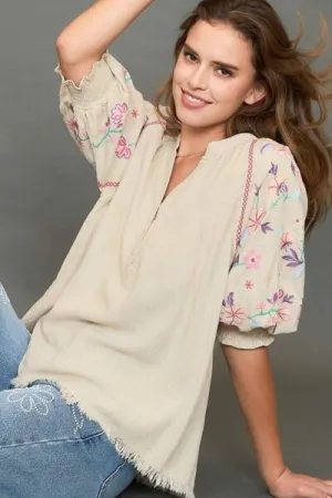 Hazel Blues® | Umgee Half Button Top with Embroidery Sleeves