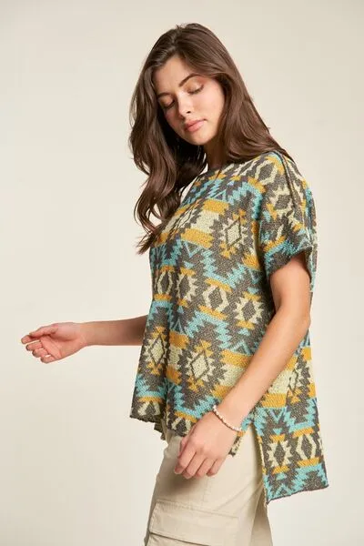 High-Low Geometric Round Neck Knit Top