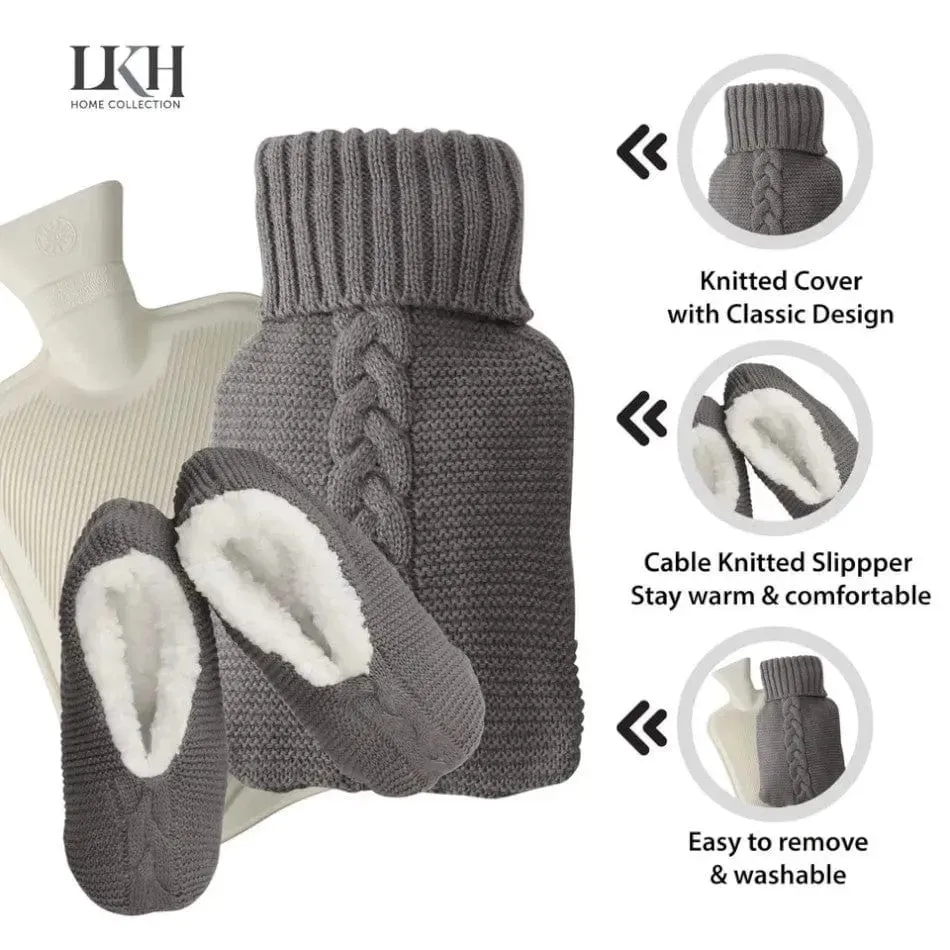 Hot Water Bottle & Slippers Gift Set Natural Rubber Grey Warm Knitted Cover