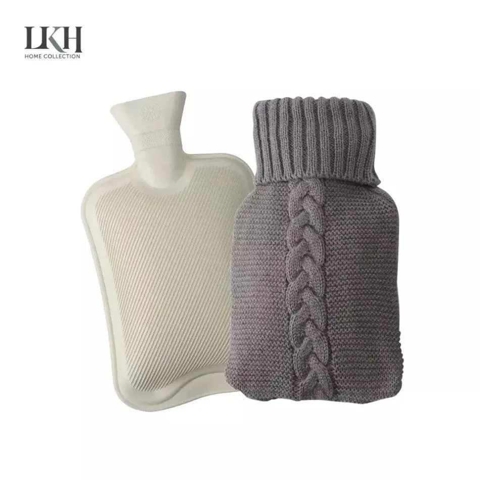 Hot Water Bottle & Slippers Gift Set Natural Rubber Grey Warm Knitted Cover