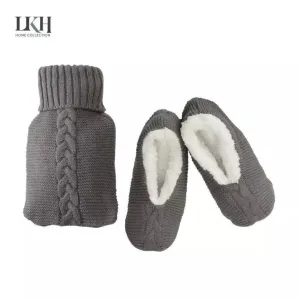 Hot Water Bottle & Slippers Gift Set Natural Rubber Grey Warm Knitted Cover