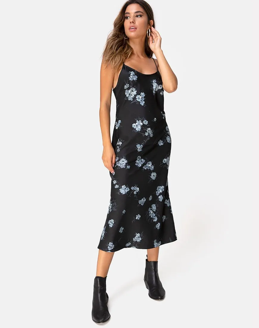 Julia Maxi Dress in Mono Flower Black Satin