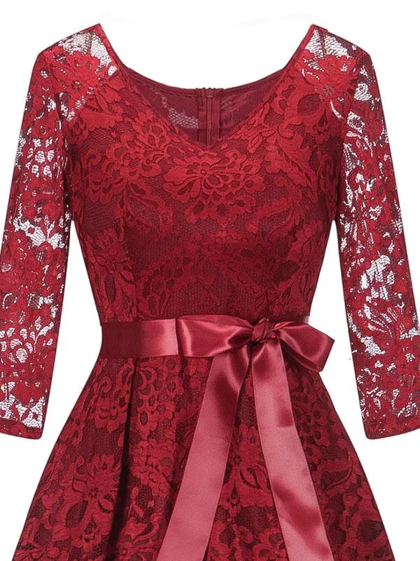 Lace V Neck 3/4 Length Sleeve High Low Hem Vintage Dress