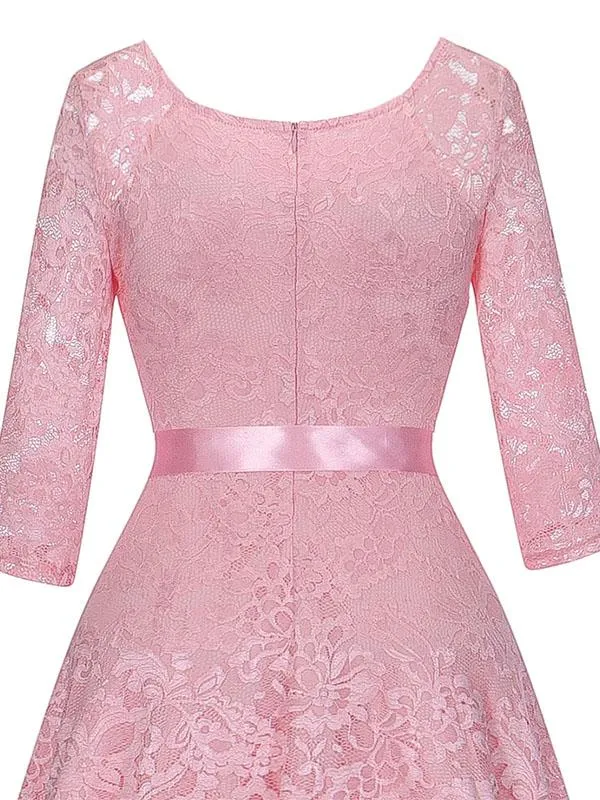 Lace V Neck 3/4 Length Sleeve High Low Hem Vintage Dress
