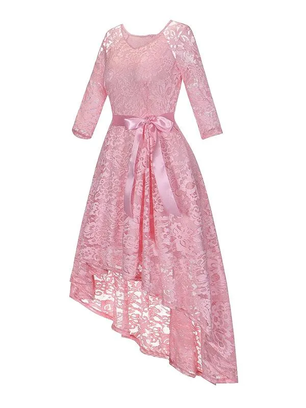 Lace V Neck 3/4 Length Sleeve High Low Hem Vintage Dress