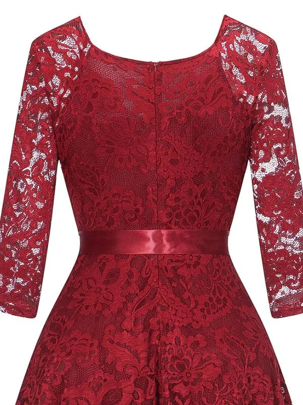 Lace V Neck 3/4 Length Sleeve High Low Hem Vintage Dress
