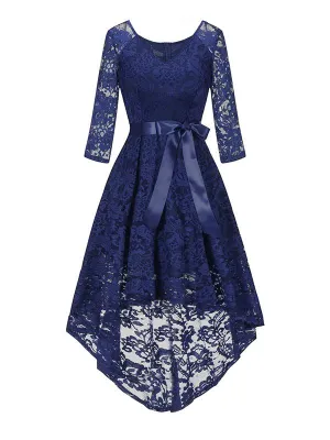 Lace V Neck 3/4 Length Sleeve High Low Hem Vintage Dress