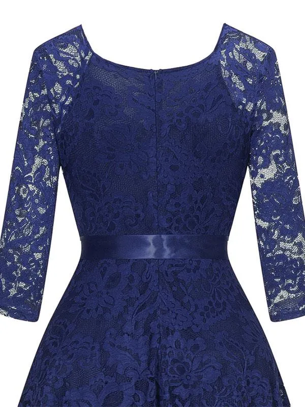Lace V Neck 3/4 Length Sleeve High Low Hem Vintage Dress