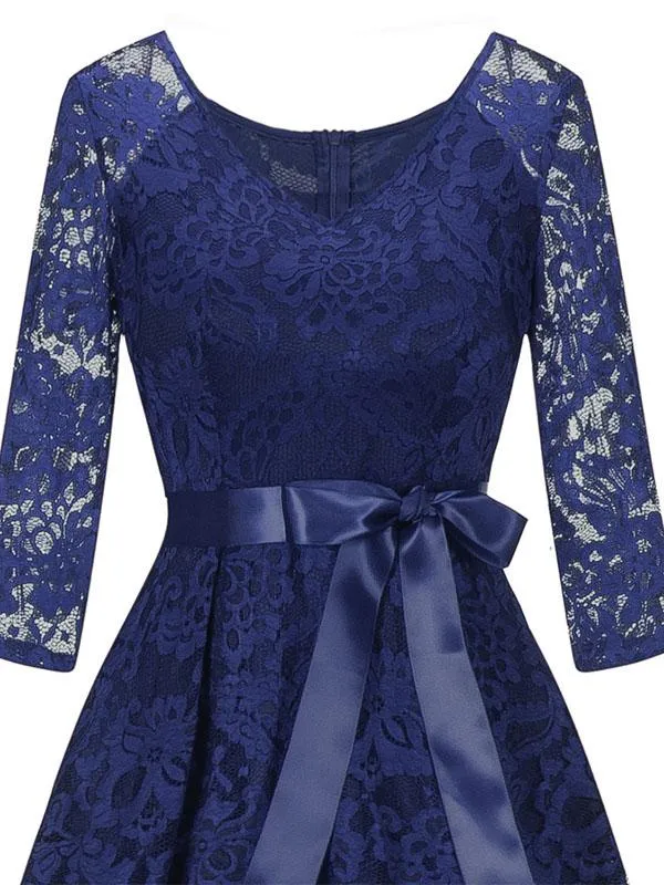 Lace V Neck 3/4 Length Sleeve High Low Hem Vintage Dress