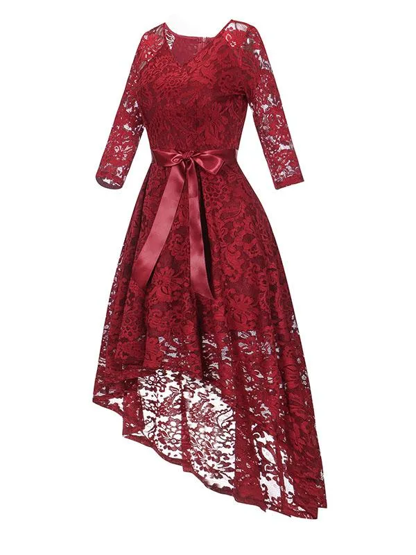Lace V Neck 3/4 Length Sleeve High Low Hem Vintage Dress