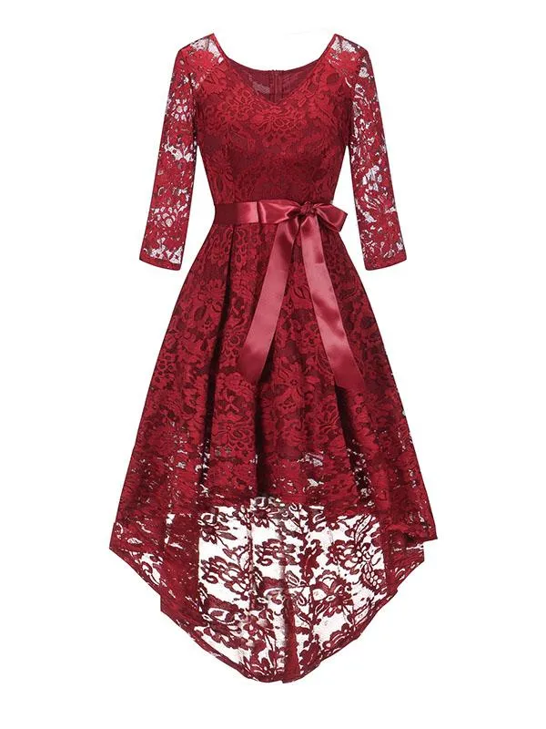 Lace V Neck 3/4 Length Sleeve High Low Hem Vintage Dress
