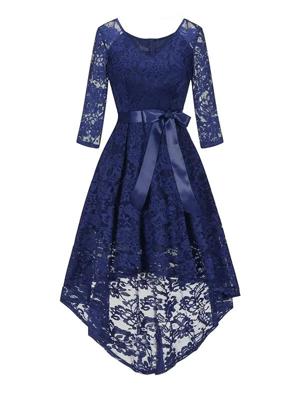 Lace V Neck 3/4 Length Sleeve High Low Hem Vintage Dress