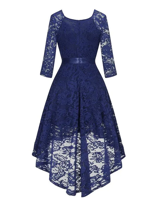 Lace V Neck 3/4 Length Sleeve High Low Hem Vintage Dress