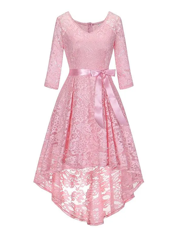 Lace V Neck 3/4 Length Sleeve High Low Hem Vintage Dress