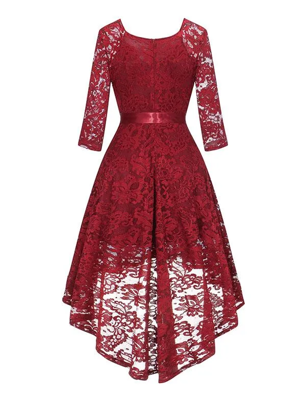 Lace V Neck 3/4 Length Sleeve High Low Hem Vintage Dress