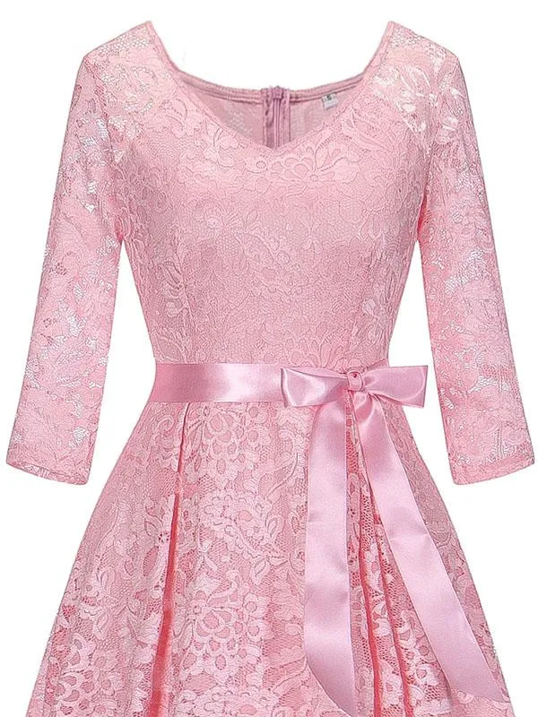 Lace V Neck 3/4 Length Sleeve High Low Hem Vintage Dress