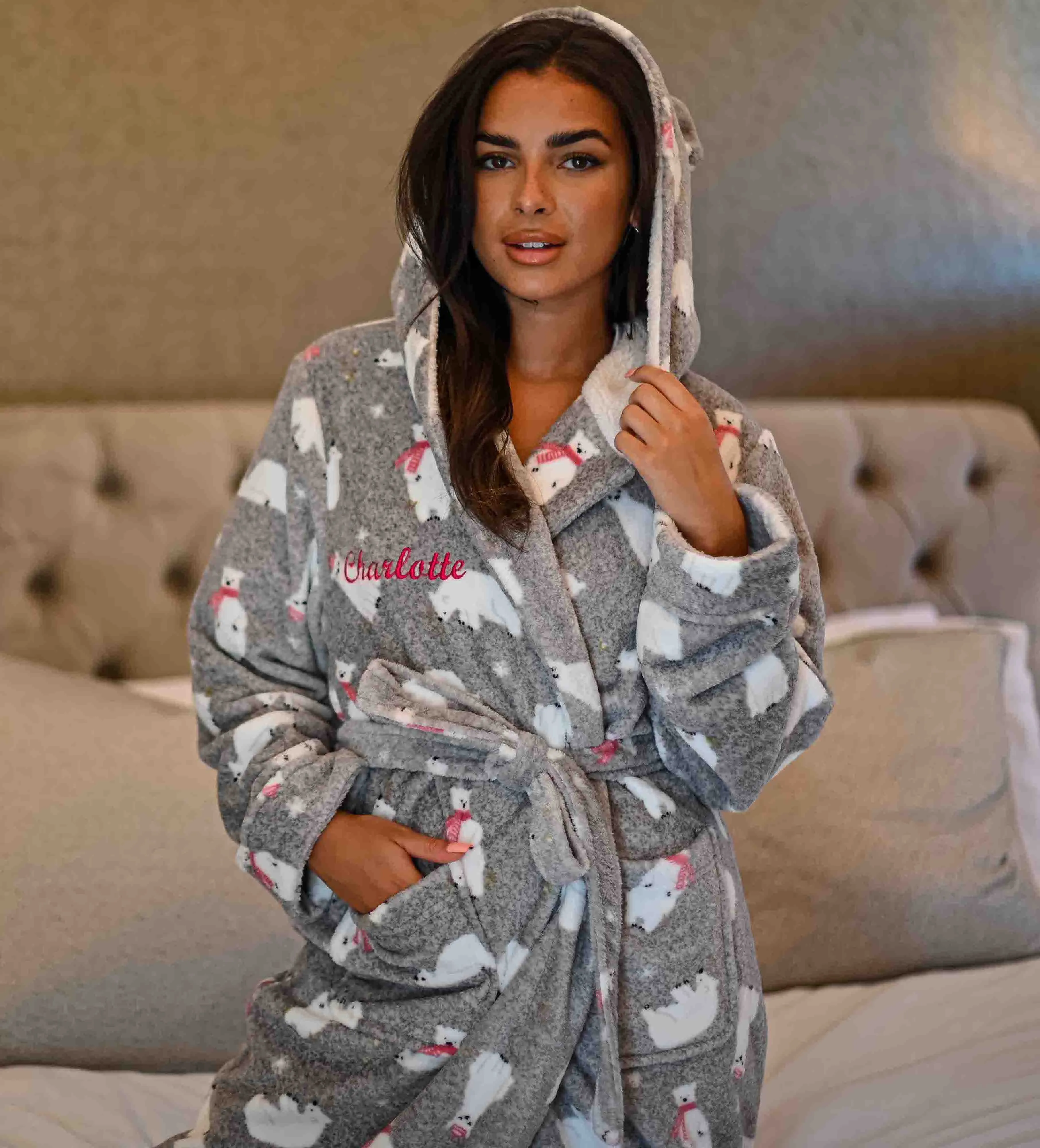 Ladies personalised polar bear printed dressing gown and slippers gift set